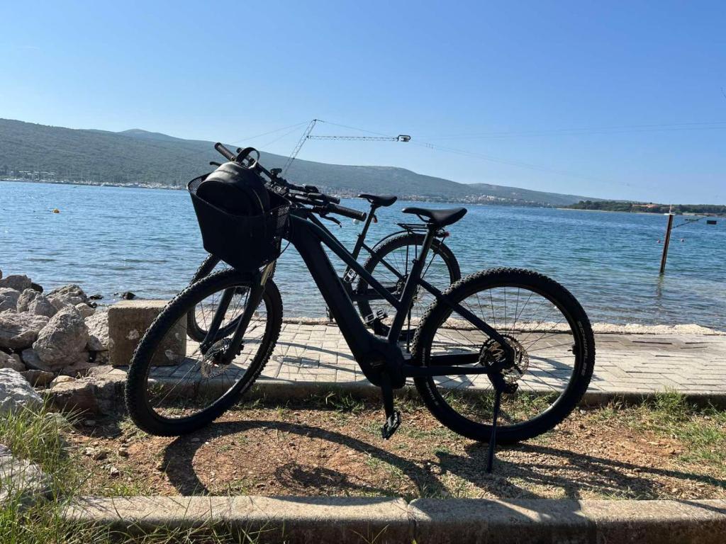 een fiets is geparkeerd naast een lichaam van water bij Blue Ivy App Salatić Besplatno korištenje električnih bicikala in Vrh