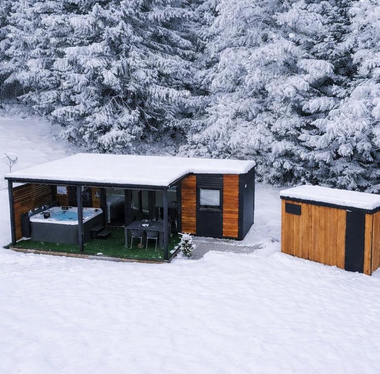 兹雷切Resort na jasi的雪中的小小屋,有雪覆盖的树木