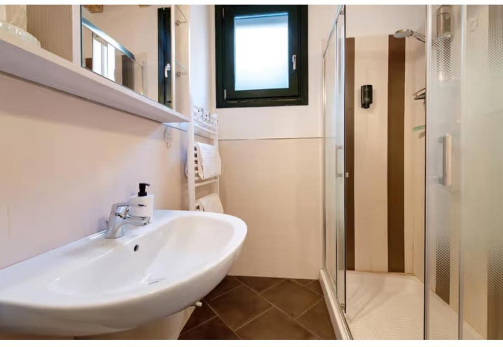 un bagno bianco con lavandino e doccia di LAKEly Nest a Sale Marasino