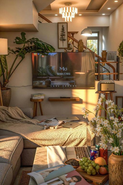 a living room with a flat screen tv on the wall at Le'Mon in Da Lat