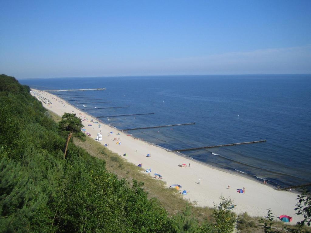 a beach with people and umbrellas and the ocean at Am Küstenwald in Koserow