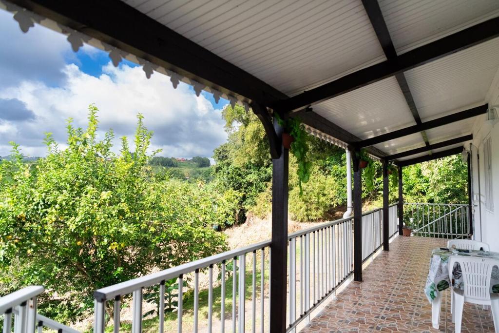 a screened porch with a view of the trees at Bel La Vi Apartment in Le Lamentin