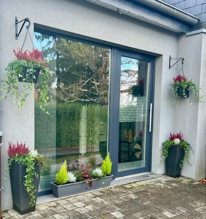 a window with potted plants on the side of a house at Le refuge de Villeroux in Vaux-sur-Sûre