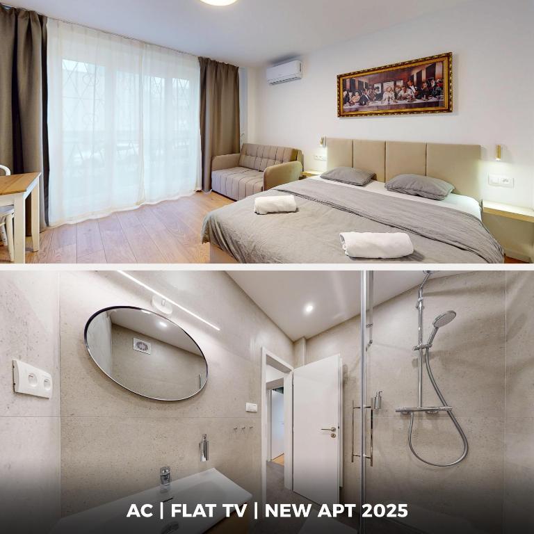 a bedroom with a large bed and a mirror at NEW Studio by Nivy & Bus Station w AC in Bratislava