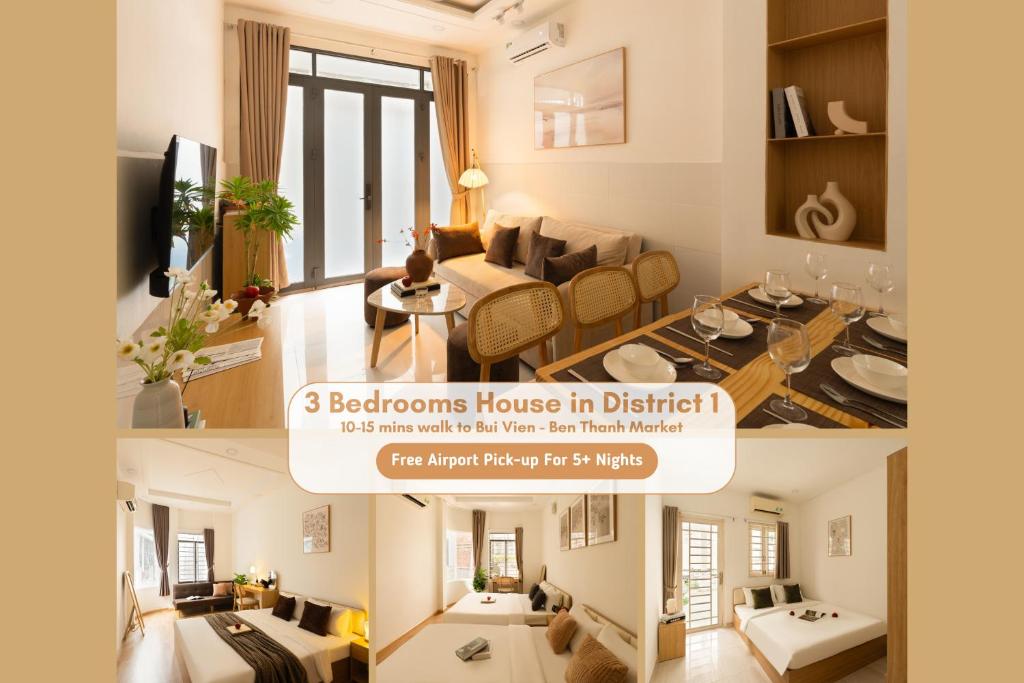 a collage of three pictures of a living room at The Hammond Saigon in Ho Chi Minh City
