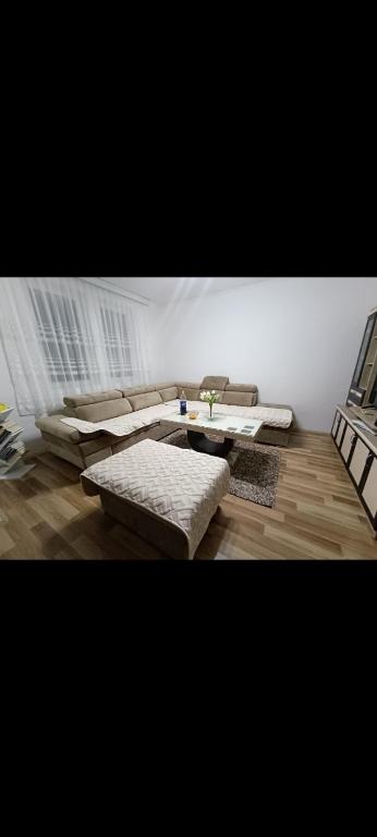 een woonkamer met een bank en een tafel bij D&M Apartman in Kruševo