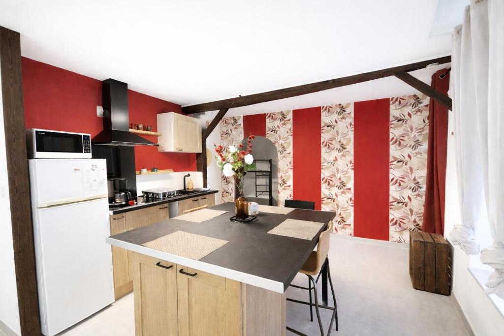 Eine Küche mit roten Wänden, einem weißen Kühlschrank und einer Arbeitsplatte in der Unterkunft Appartement Terrasse à Mennetou sur Cher "La Cité Médiéval in Mennetou-sur-Cher