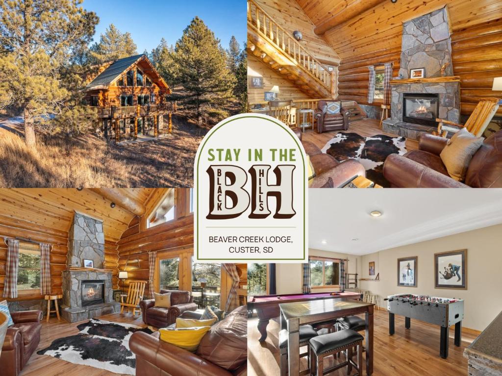 un collage di foto di una casa in tronchi di Beaver Creek Lodge a Custer