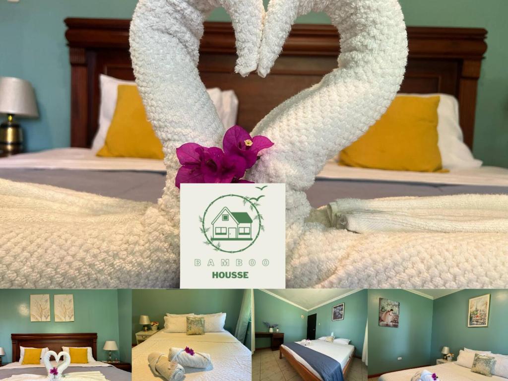 Un collage de imágenes de un dormitorio con una letra s en Family Stay con Desayuno 7 camas 6 dormitorios, en Puyo