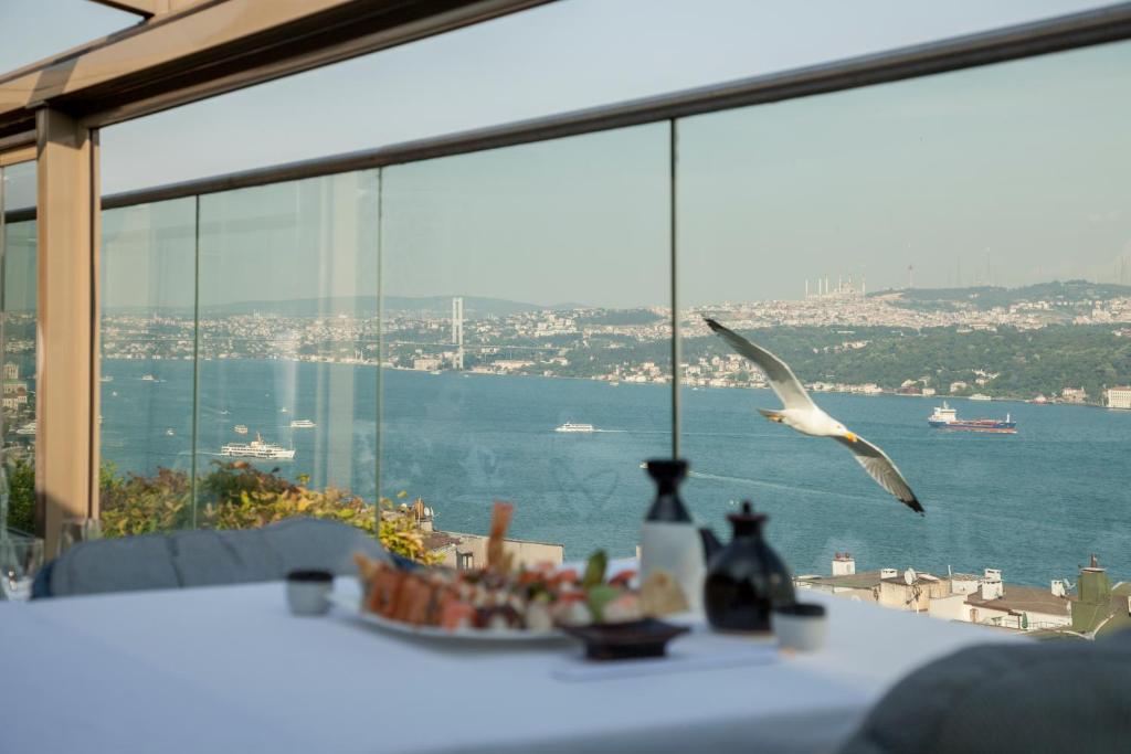 a bird flying over a table with a view of the ocean at CVK Park Bosphorus Hotel Istanbul in Istanbul