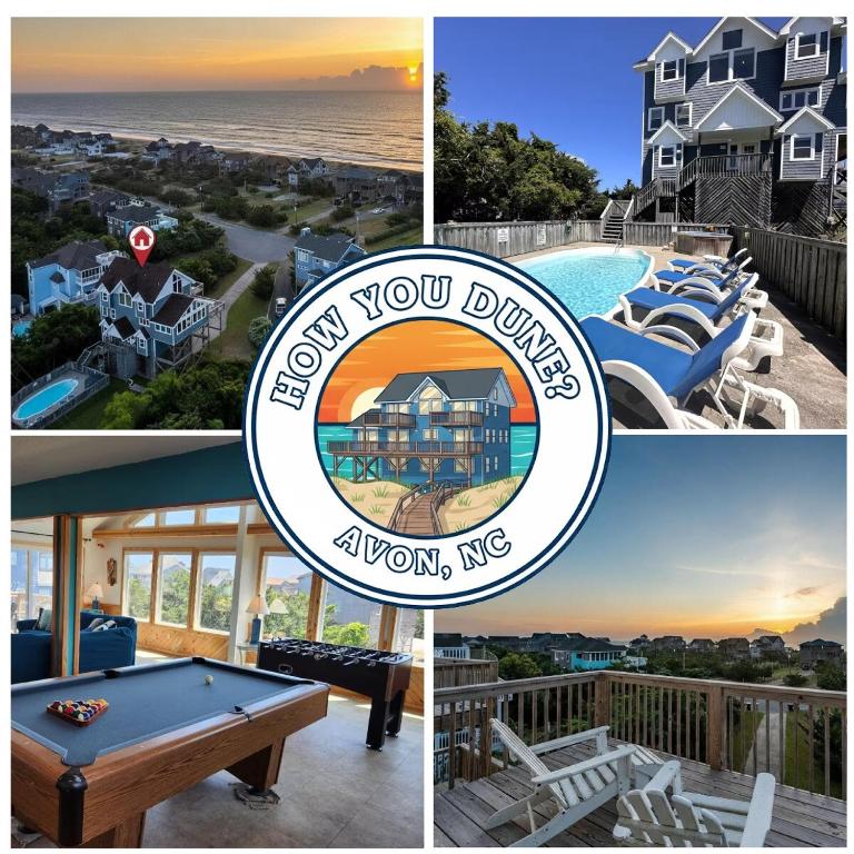 a collage of photos of a house with a pool table at How You Dune - Dog-Friendly Semi-Oceanfront in Avon