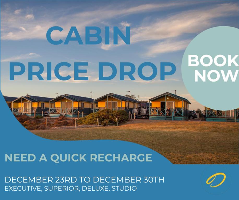 a flyer for a price drop at aussie cottages at Dongara Tourist Park in Port Denison