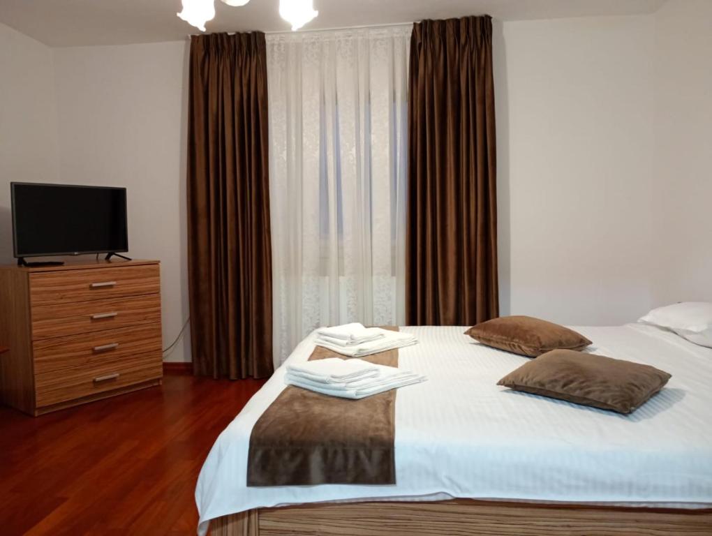 a bedroom with a bed with a tv on a dresser at Apartament Adelina Borsa in Borşa