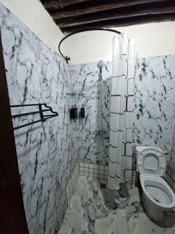 y baño de mármol con aseo y ducha. en Cozy Nest, en Sale