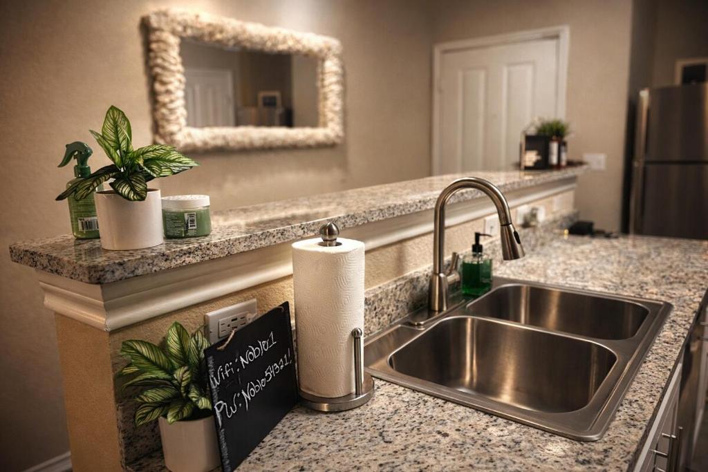 eine Küchentheke mit einem Waschbecken und einem Waschbecken in der Unterkunft Upscale Condo Downtown Memphis Walk to Beale St in Memphis