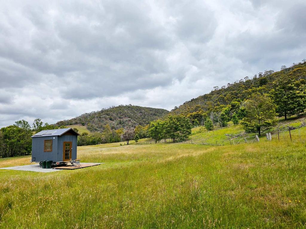 a small blue house in a field of grass at Anakie Gorge Getaway Tiny House 1 by Tiny Away in Staughton Vale