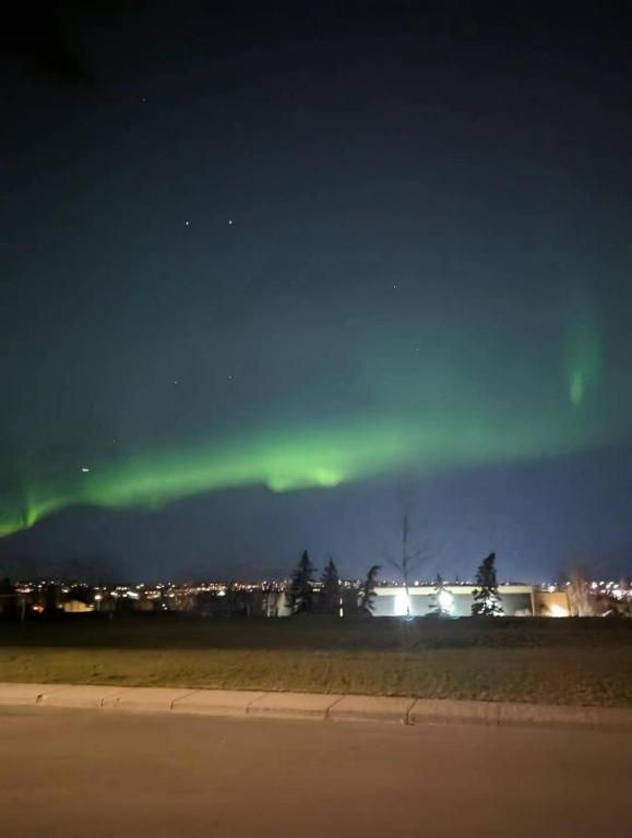 an aurora in the sky over a field at night at Calgary Star Cozy Home in Calgary