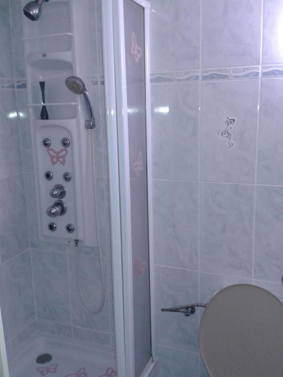 bagno con doccia e servizi igienici di Penzion Havaj a Karlovy Vary