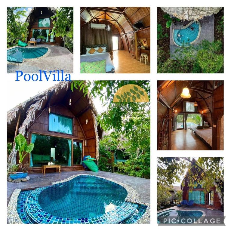 a collage of pictures of a house with a swimming pool at Villa Baan Pak Pra in Ban Pak Pra (1)