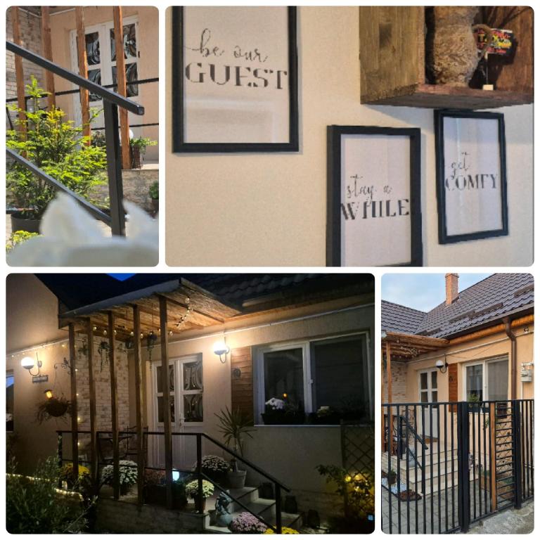 a collage of pictures of a house with words on the wall at Casa LADIS in Iernut