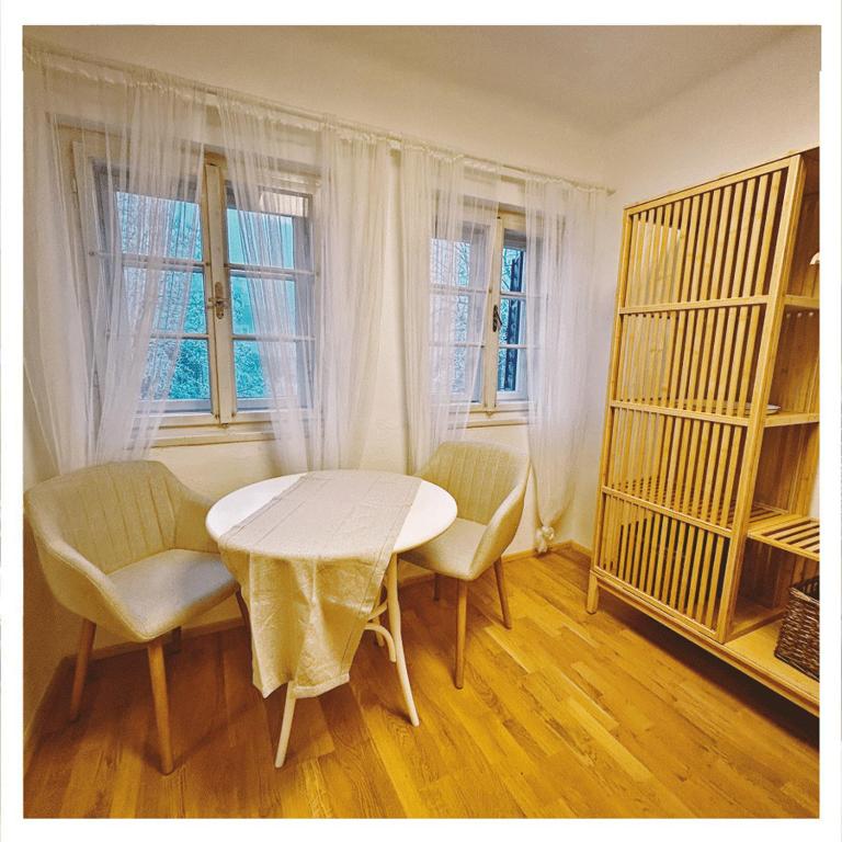 a white table and chairs in a room with windows at Studio Homebase in Spittal an der Drau