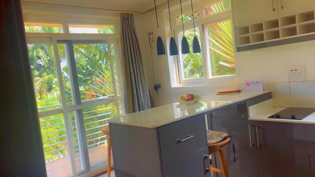 a kitchen with a large window and a counter top at Garden house in Kajansi