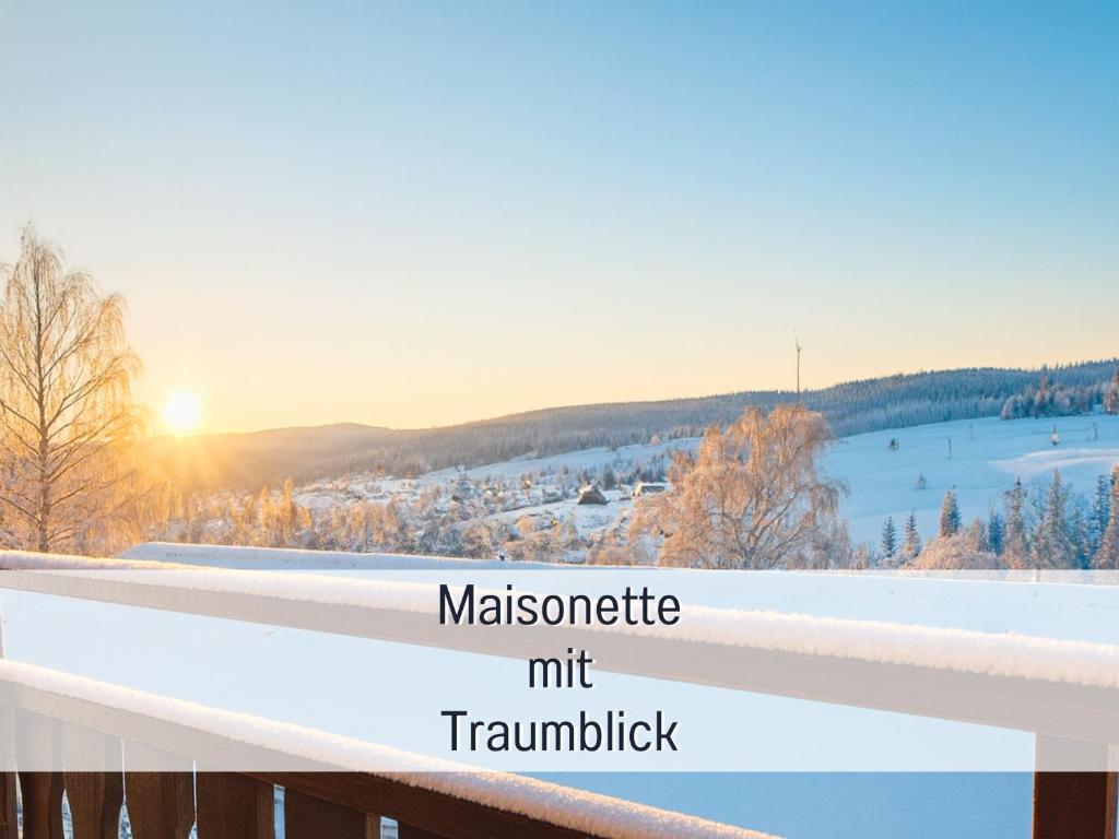 een uitzicht vanaf een balkon op een winterlandschap bij SONNENSEITE Schonach - Für Paare und Ruhesuchende - Private Infrarotsauna - 2 SZ - Küche mit Spülmaschine und Mikrowelle - 300 m zum Waldrand - Parkplatz direkt am Haus in Schonach