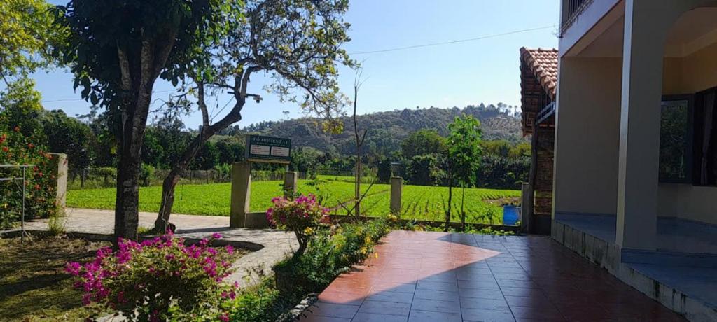a walkway leading to a yard with flowers at Nest Homestay in Cat Tien