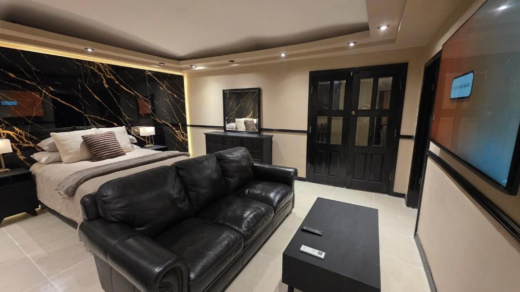 a bedroom with a couch and a bed and a television at Luxury Suites Seoul Consulado in Zaragoza