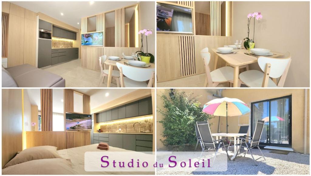 a collage of photos of a kitchen and a room at Studio du Soleil in Le Val