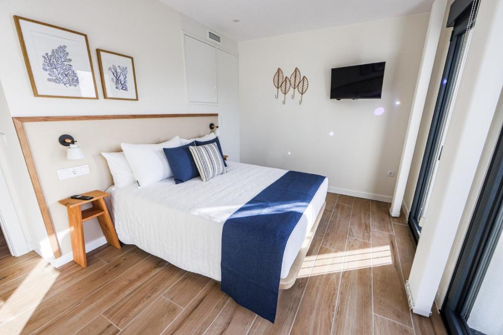 een slaapkamer met een bed en een tv aan de muur bij Apartamentos PRAIA DO CANSORRO in Camariñas