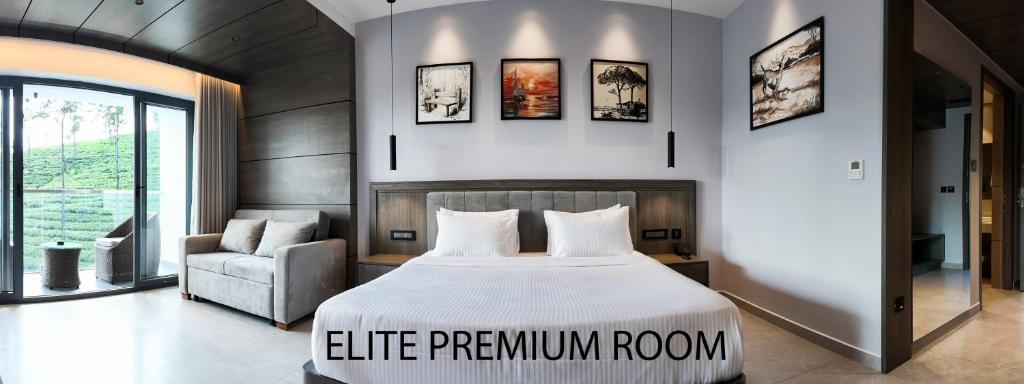 a bedroom with a large bed and a chair at Eagles Glide Resort in Pīrmed