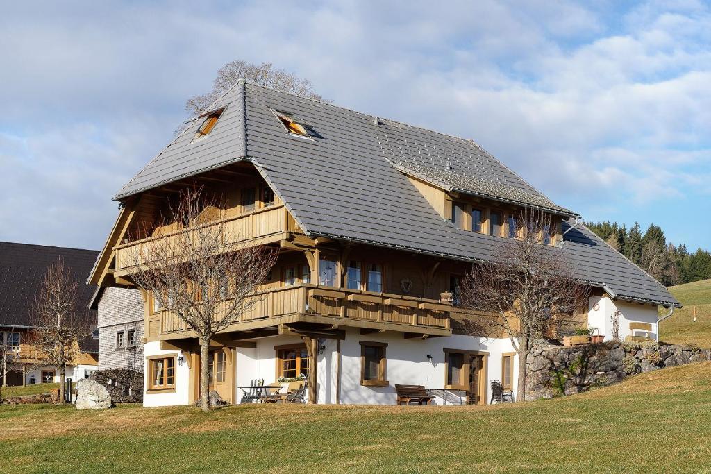 a large wooden house on top of a hill at Haldenmichelhof Ferienwohnungen in Breitnau