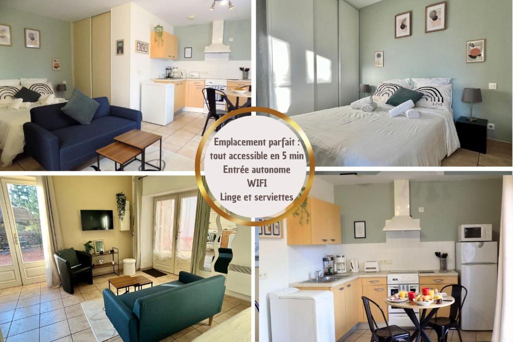 eine Collage mit drei Bildern eines Schlafzimmers und eines Wohnzimmers in der Unterkunft Studio Revy 1 - Centre ville in Néris-les-Bains