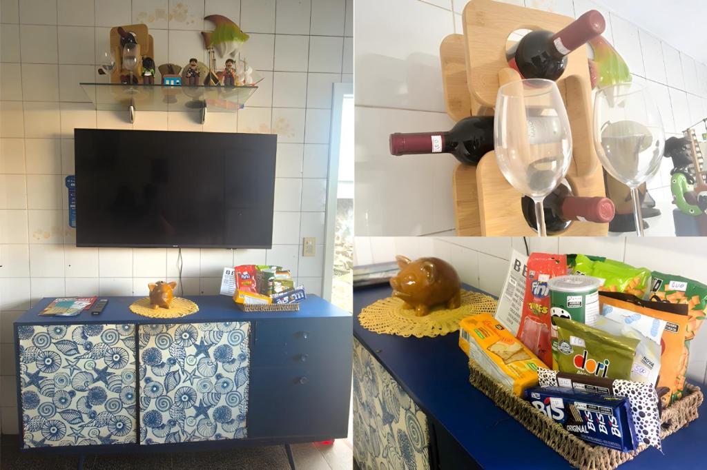 deux photos d'une table avec de la nourriture et d'une télévision dans l'établissement Próximo das 42 Praias, à Florianópolis