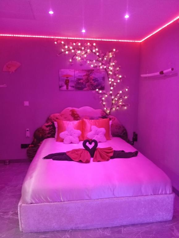 ein rosafarbenes Schlafzimmer mit einem Bett mit rosafarbener Beleuchtung in der Unterkunft les cités romance le Tokyo in Carcassonne