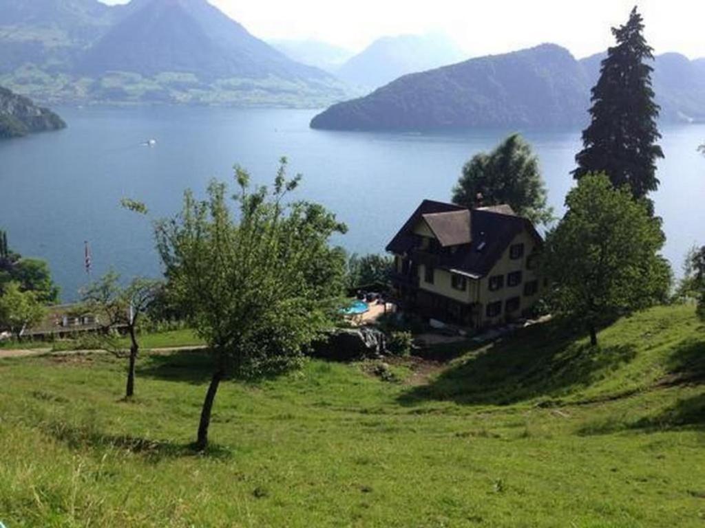 a house on a hill next to a body of water at Apartment Mätzli by Interhome in Vitznau