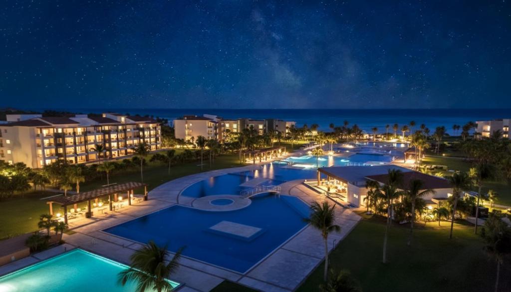a view of the pool at the resort at night at Luxury 3 Bedroom Condo - Beachfront Complex at Mareazul - Buena Vida in Playa del Carmen