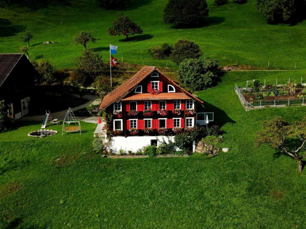 a house with a flag on top of a green field at Apartment Oberwilen by Interhome in Vitznau