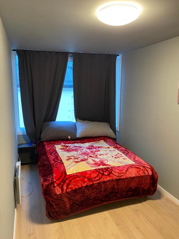 Posto letto in una piccola camera con finestra di Borggata a Oslo