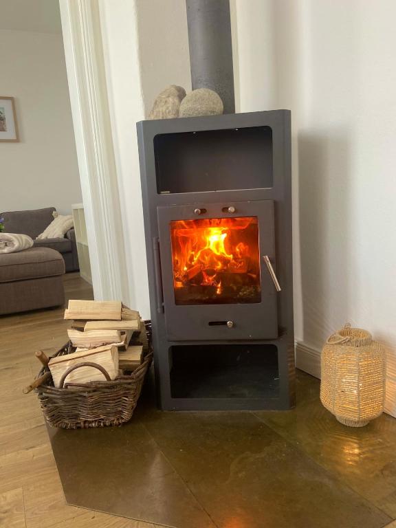 a stove in a living room with a fire in it at Studio Apartment nahe Lüneburg in Bienenbüttel