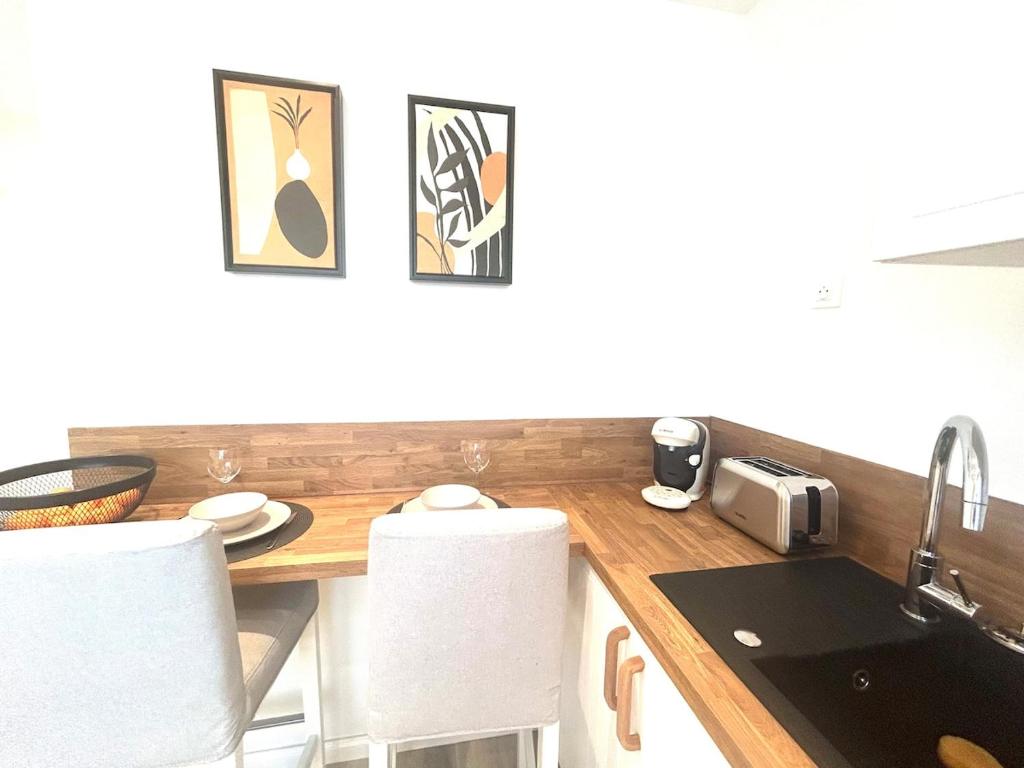 a kitchen with a counter top with a sink and a counter top at Studio cosy refait à neuf - Parking privé in Lanester