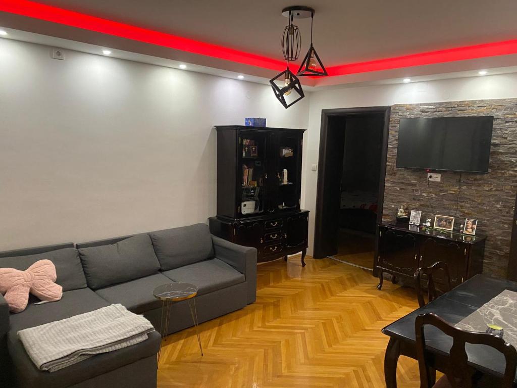 a living room with a couch and a flat screen tv at Apartman u Srcu Vranja in Vranje