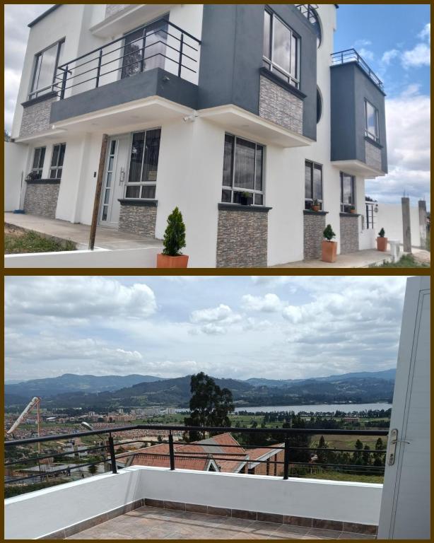 two pictures of a white house with a view at Villa Graciela II in Paipa