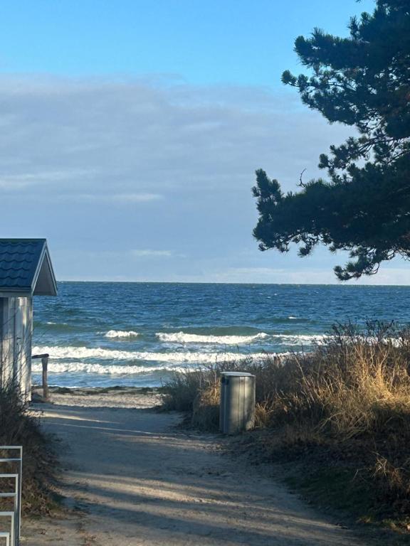 a dirt road leading to a beach with the ocean at Seepferdchen in Timmendorfer Strand
