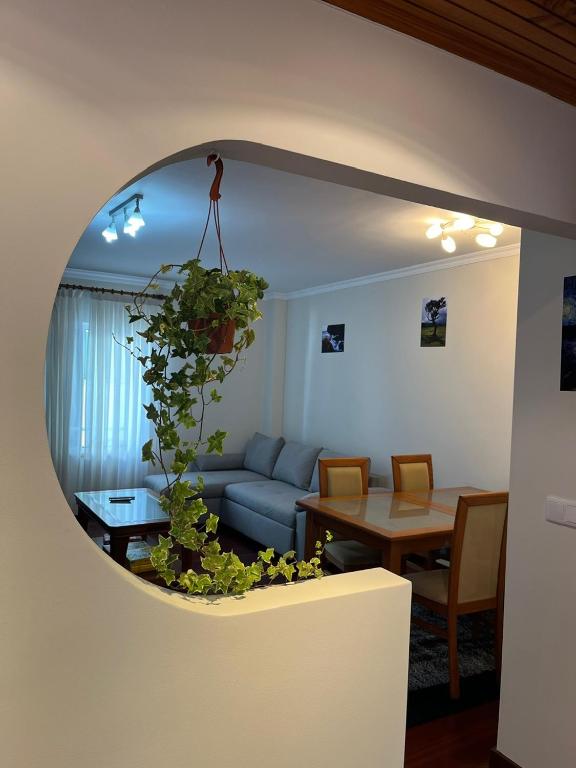 a room with a living room with a couch and a plant at Casa Do Arco - Machico Centre with Private Balconies and Parking in Machico