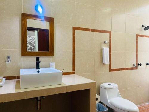 een badkamer met een wastafel, een toilet en een spiegel bij Los Suspiros Hotel Boutique & Spa in Comala