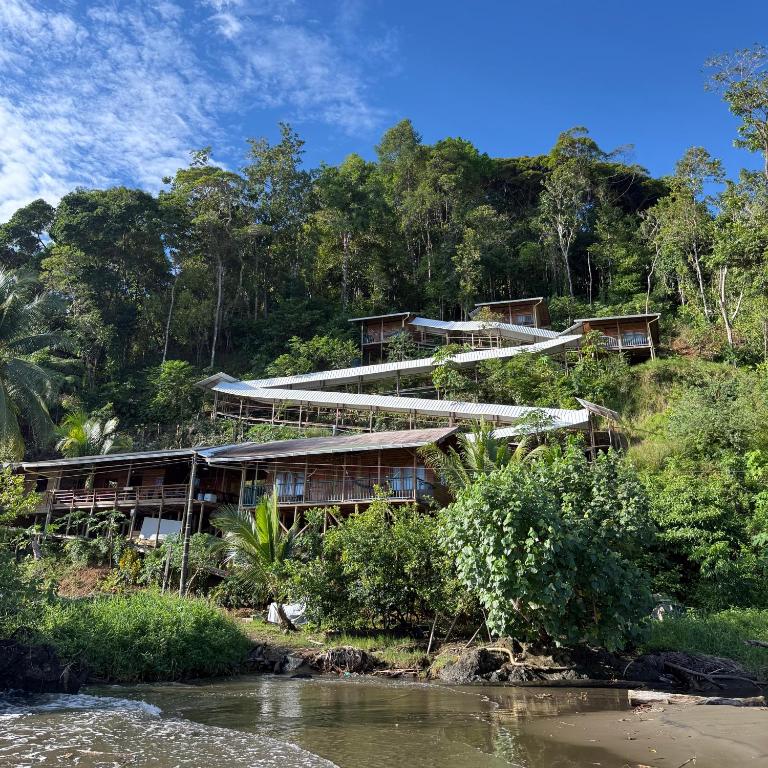 a building on a hill next to a river at Altos de la Playa in Bahía Solano