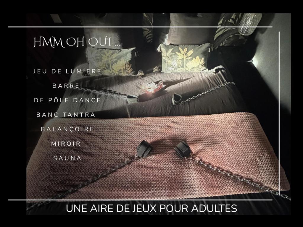 een poster van een vrouw die met een handtas op een bed zit bij Hmm OH Oui - Studio With Sauna and More in Saint-Quentin