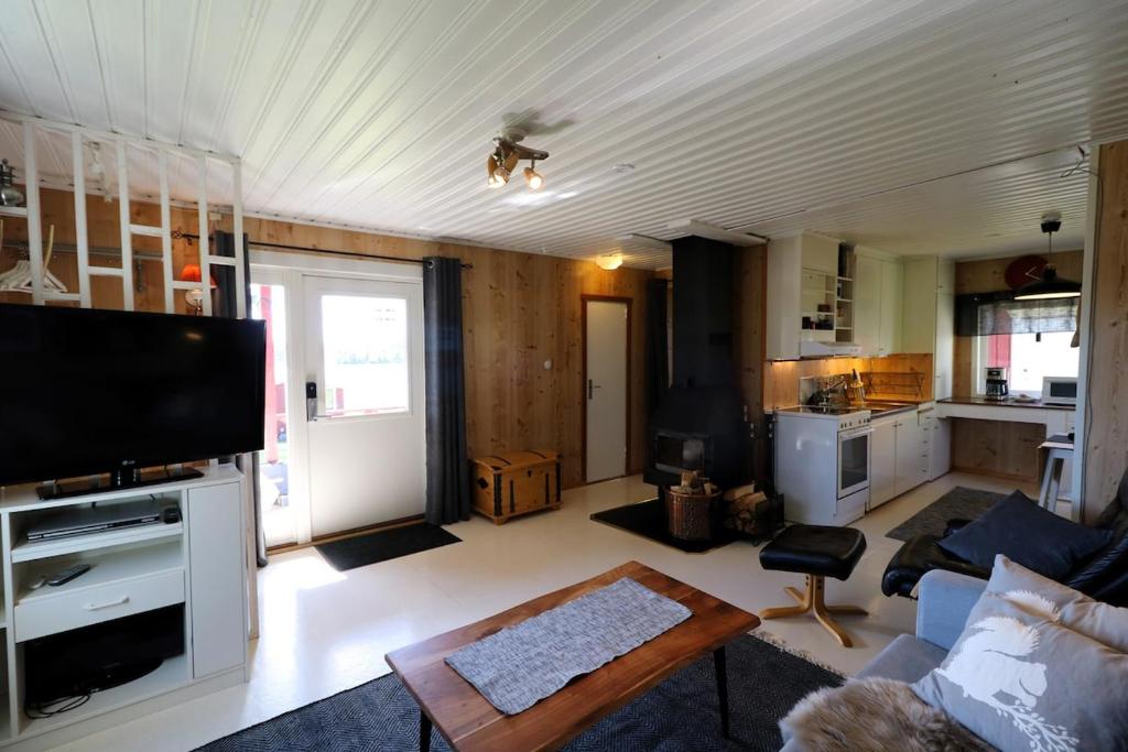 a living room with a couch and a tv at Aurora Jukkasjarvi in Jukkasjärvi